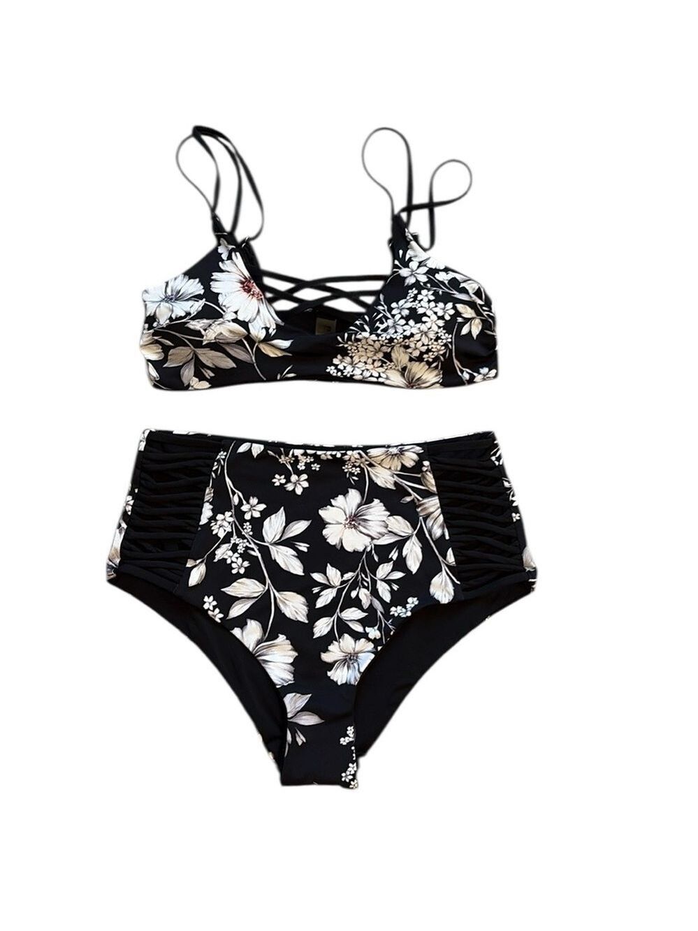 TiniBikini Black and White Bikini Set Floral High-Waisted Size S New